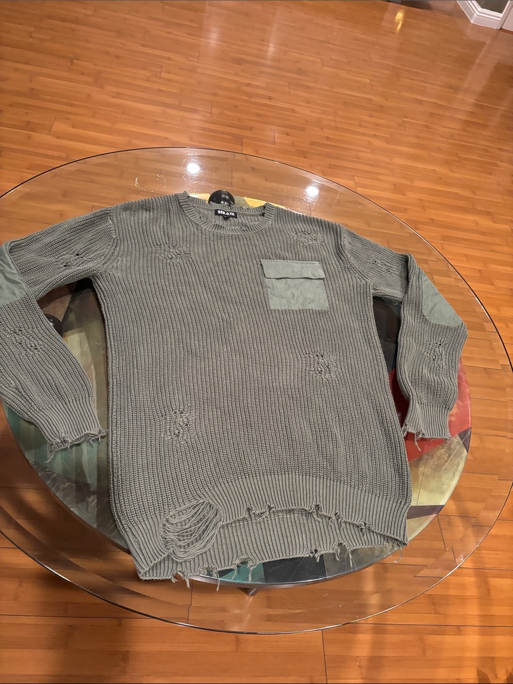 Distressed Olive Green Crewneck Sweater with Patch Pocket